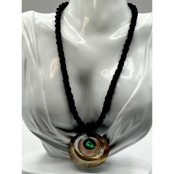 Handmade Black Beaded Necklace With Abalone Shell Pendant.  A34 - Picture 2 of 7